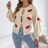 Women's Pullover Sweater with Lip Print Pattern, Self-Tie Neck and Sleeves for Casual