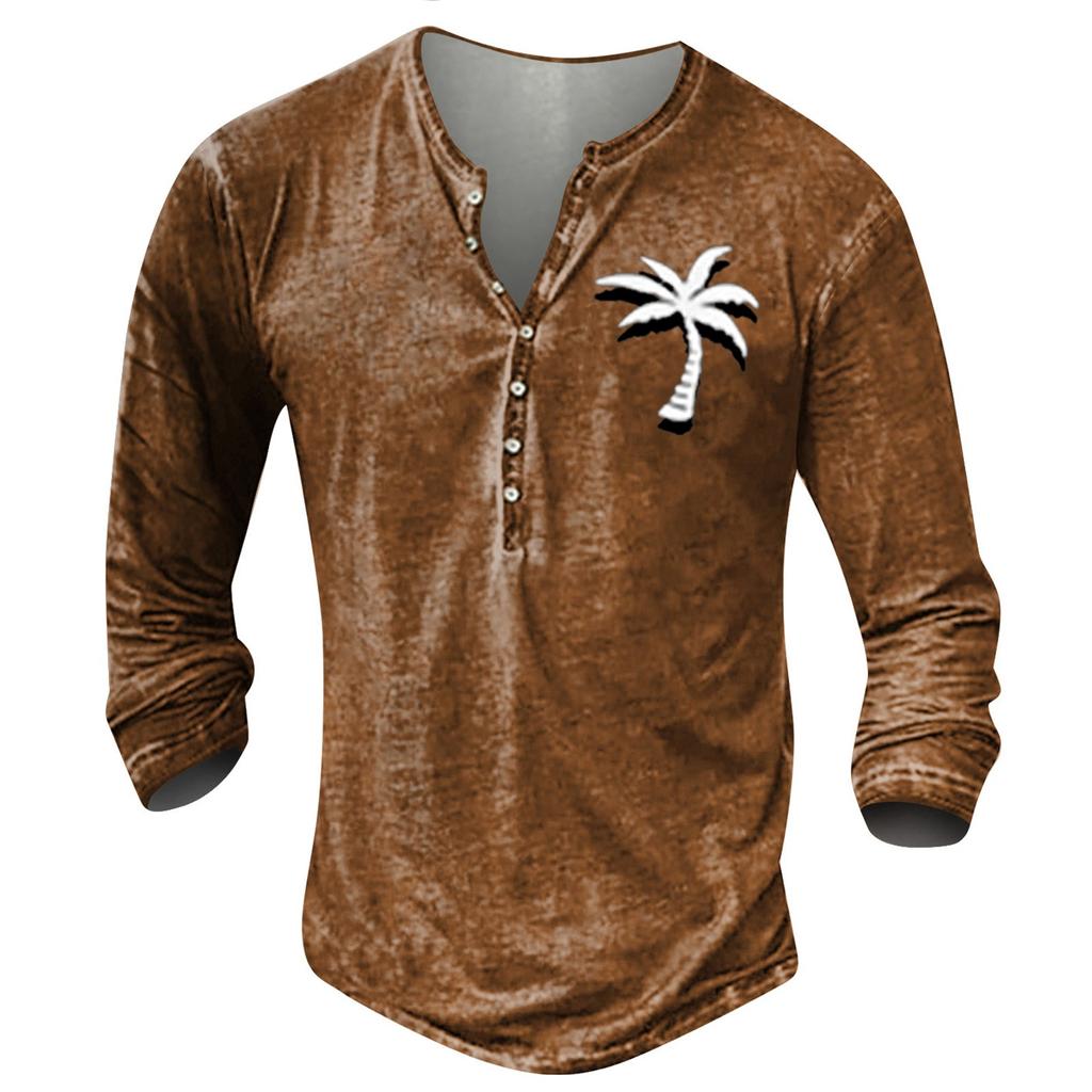 Men's Long Sleeve Pattern Embroidery Fashion T-Shirt Autumn Long Sleeve Print Button Pullover Top