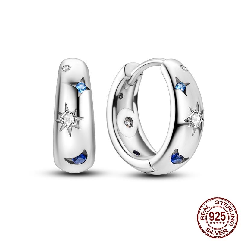 Luminous Shell Women Earrings Original 925 Sterling Silver Pave CZ Star Moon Hoop Earrings Engagement Wedding Jewelry