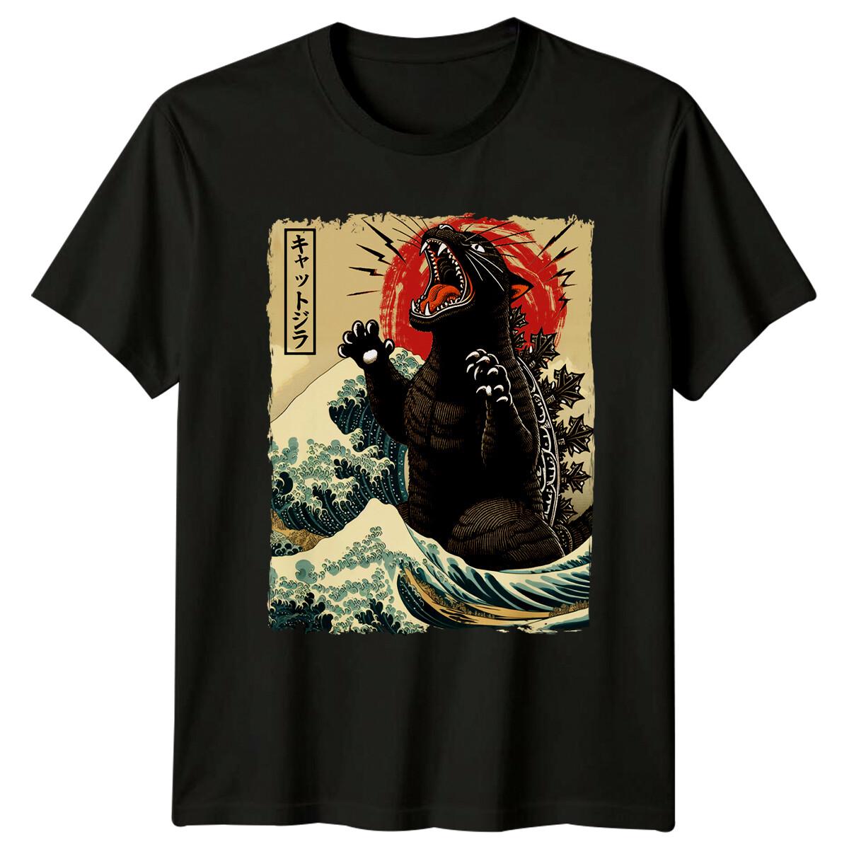 Футболка KattJira Catzilla Пародия, Смешной Кот Волна Японский 3XL