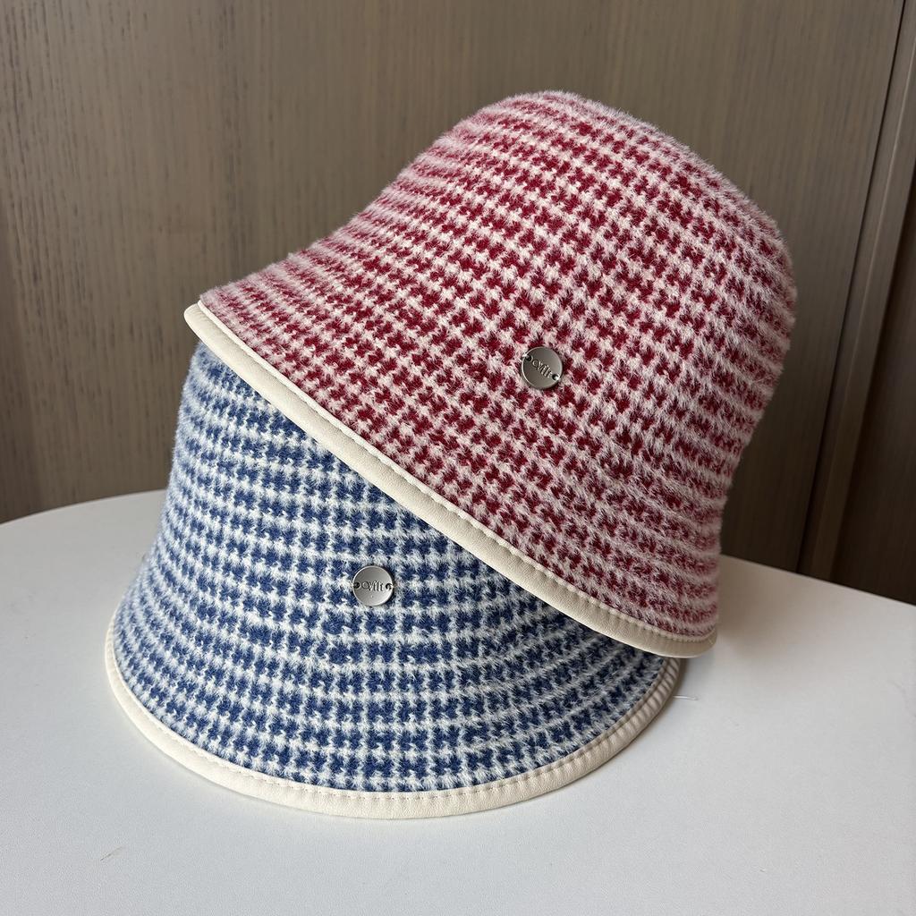 Retro plaid bucket hat women's autumn and winter plain face covering versatile basin hat big head circumference showing face small bucket hat