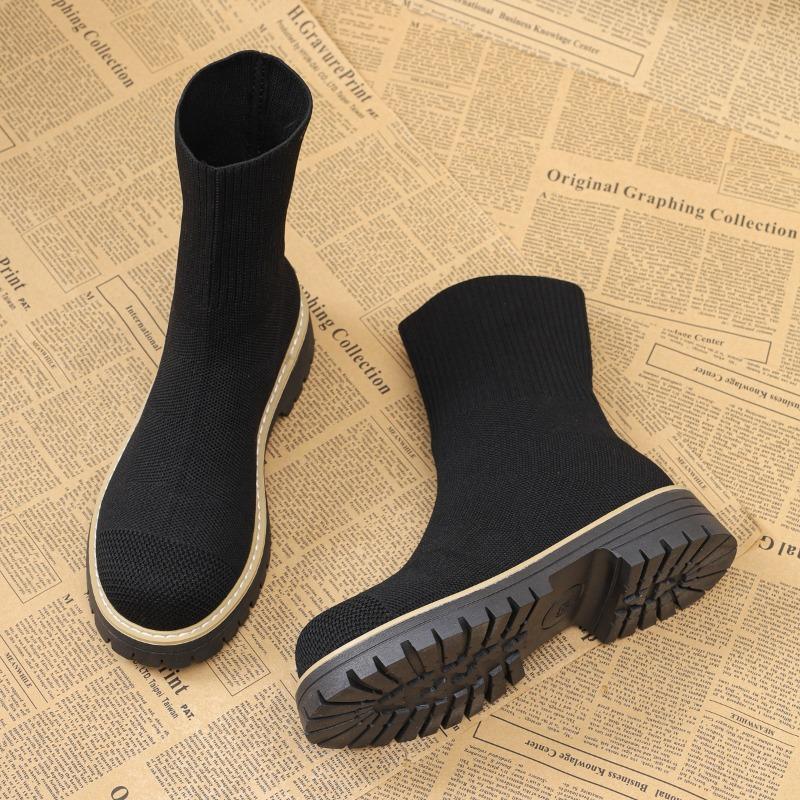 Vintage Platform Thick Heel Women Ankle Boots Comfort Slip On Shoes Autumn Winter Ladies Stretch Slim Short Booties