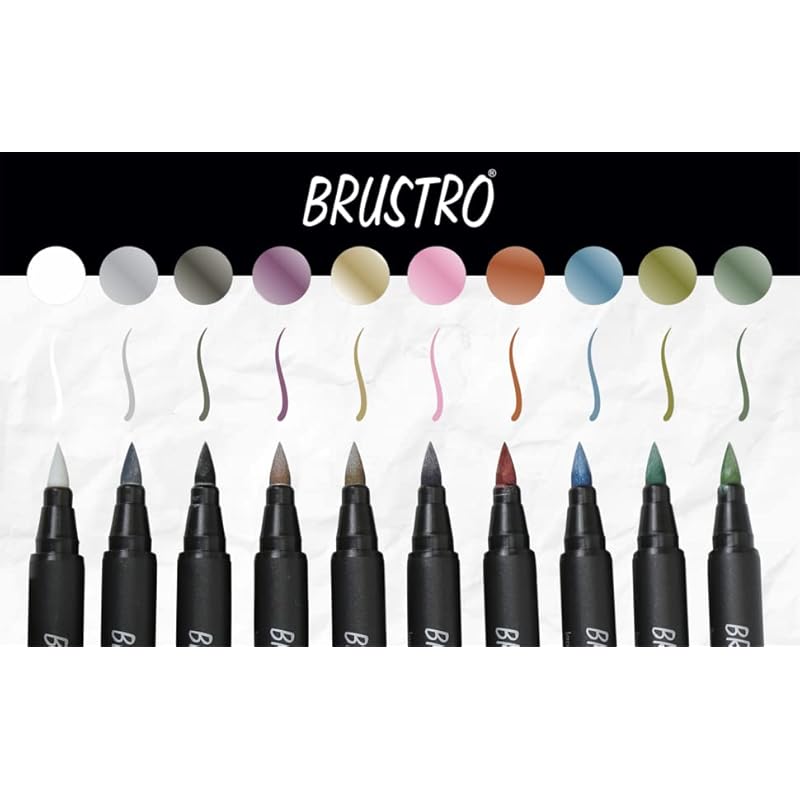 

BRUSTRO Metallic Brush Marker Pens | Set of 10 Metallic Shades | Japanese Nibs, Soft Brush Tip, Indelible Ink, Suitable 1 count (Pack of 1)