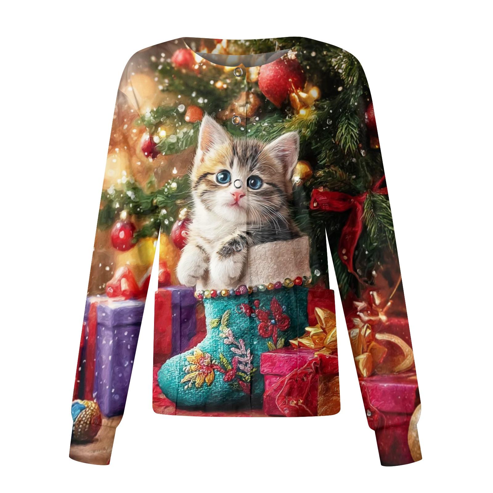 

Женский повседневный кардиган с рождественским принтом, с длинными рукавами, на одной пуговице, рабочая униформа XL