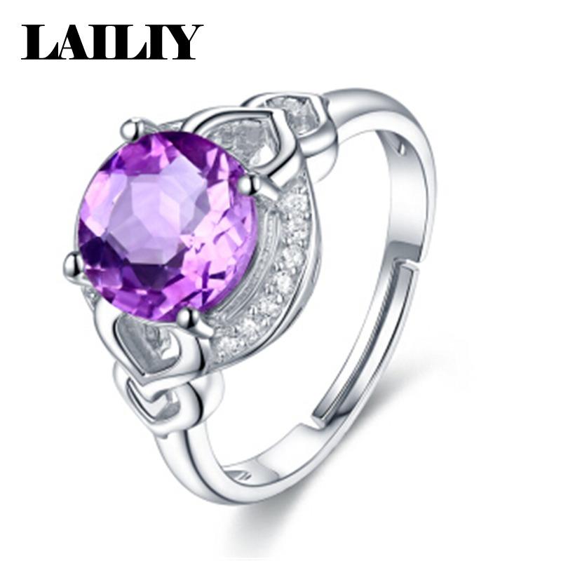 925 Sterling Silver with Diamonds Purple Amethyst and Zircon Adjustable Ring for Women Fashion Jewelry