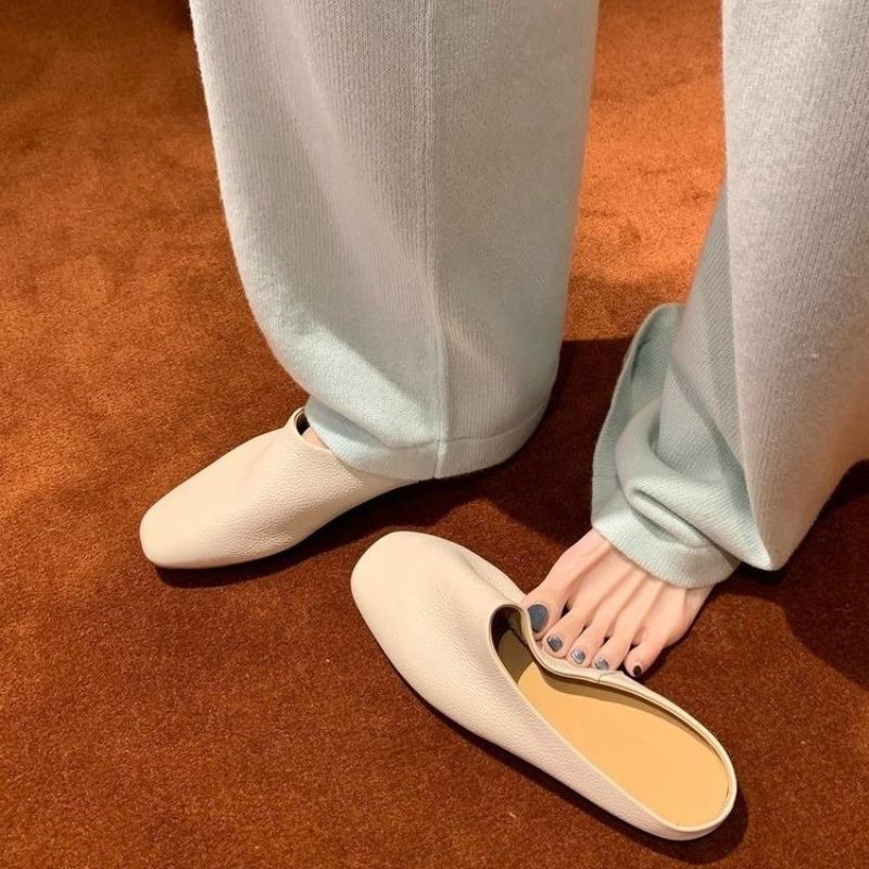 Fashion Baotou Half Slippers Women Summer Outside Wear Square Toe Mid-mouth Soft Soft Slip Non-slip Slip-on Flat Shoes