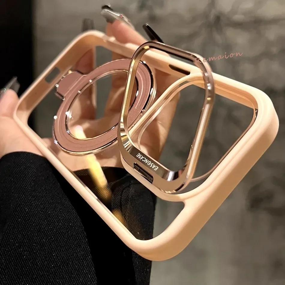 New Gold 16 Magnetic Glass Lens Stand Phone Case for iPhone 16 11 13 15 12 14 Pro Max 16 Plus Funda Magsafe Clear Cases Cover