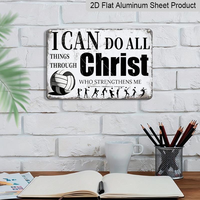 2D Flat, 1pc "I Can Do All Things Through Christ" Volleyball Aluminium Sign 8x12 Inch - Philippians 4:13 Bible Verse, Volleyball Player Silhouette