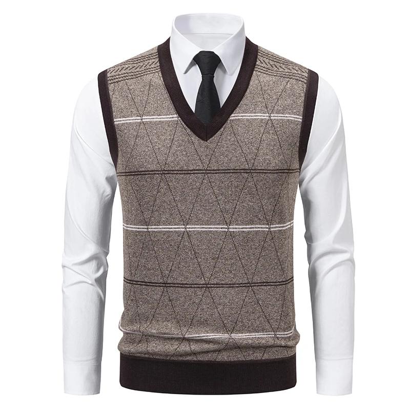 Men's V-neck Knitted Sweater Warm Autumn Winter Diamond Grid Twisted Flower Casual Fashion Versatile Knit Top