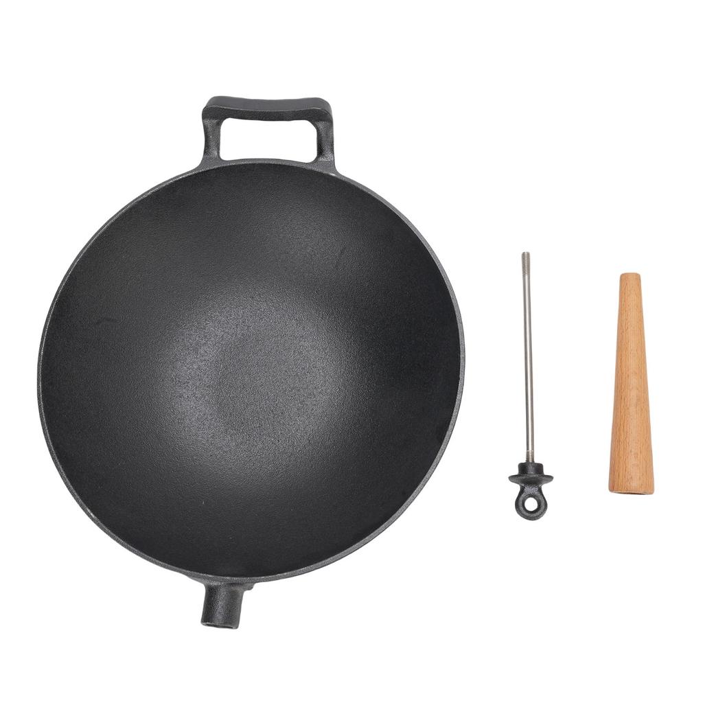 Cast Iron Wok Pan Multifunctional Stir Fry Pan with Wood Handle for Induction Cooker Electric Ceramic Stove Gas