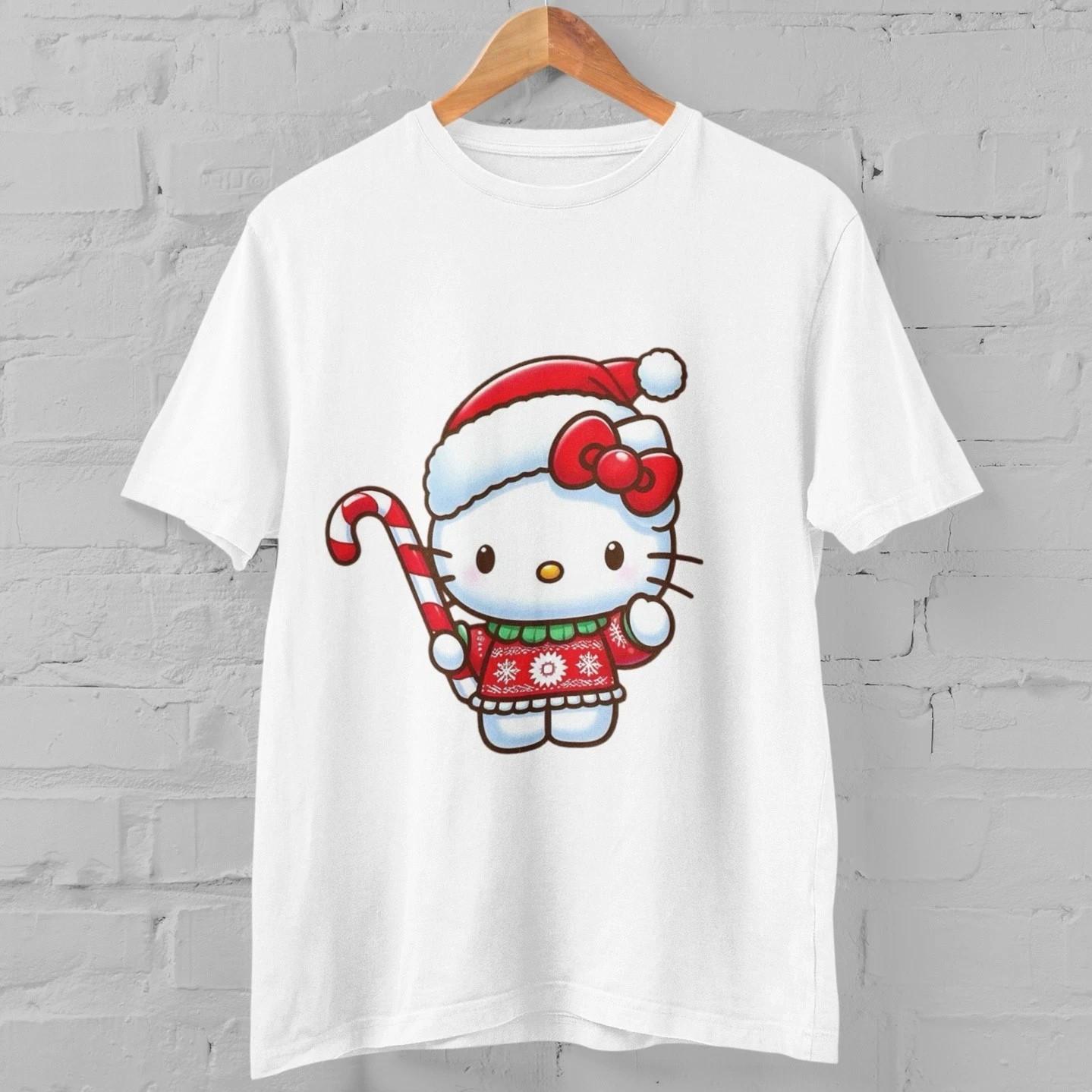 Cute Cartoon Cat Hello Kitty Santa Christmas T-Shirt Graphic Kawaii Holiday Tee XXXXL