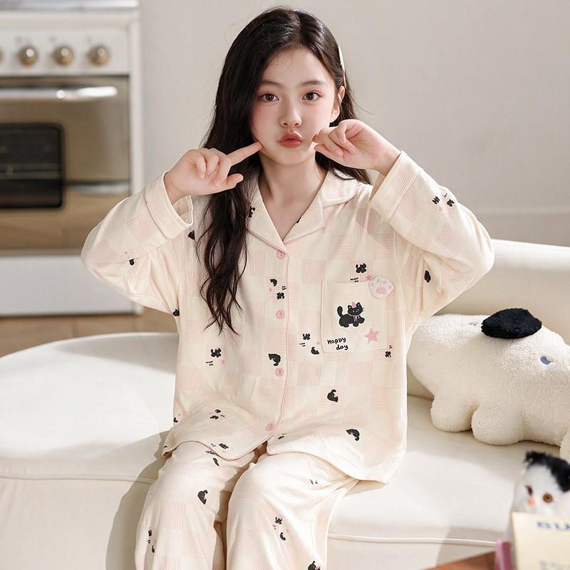 Girls Cotton Pajama Set Long Sleeve 2026 Cartoon Print Home Wear Ages 8 Comfortable Sleepwear