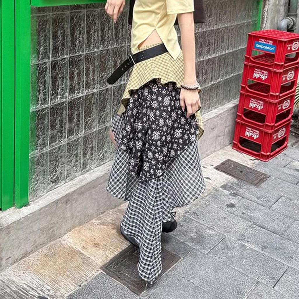 Spring/Summer Women's Low-Waist Plaid & Floral Patchwork Irregular Hem Skirt