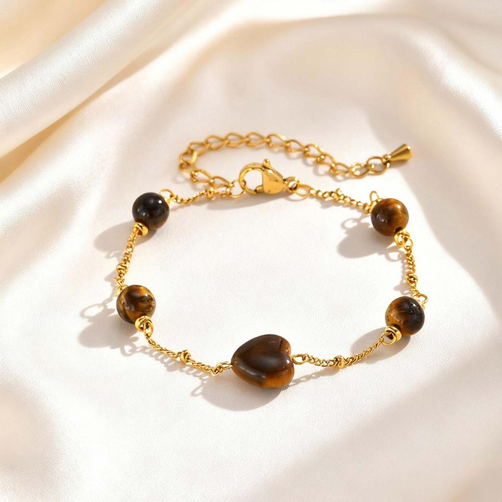 Heart-shaped Tiger Eye Natural Stone Charm Bracelet for Women, Stainless Steel Link Chain Waterproof Gold Plated Jewelry Gift