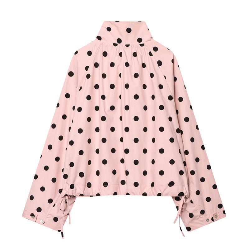 Women Polka Dot Jacket Vintage Stand Collar Cropped Jackets Zip Up Coat Casual Fashion Coat Fall Spring Jacket with Pockets