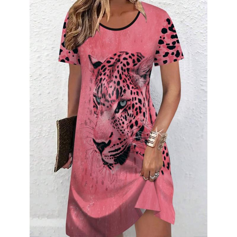 Simple, fashionable and elegant vacation all-over printed breathable round neck short-sleeved T-shirt dress S