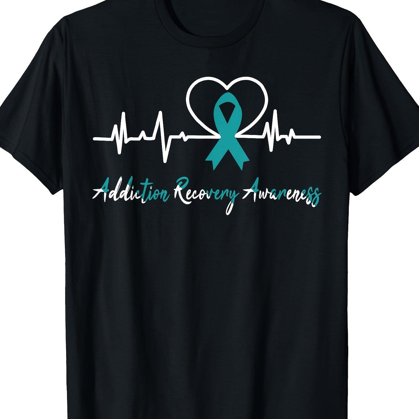 Addiction Recovery Awareness Teal Ribbon Heartbeat Graphic TShirt Casual Mens Short Sleeve Tee S