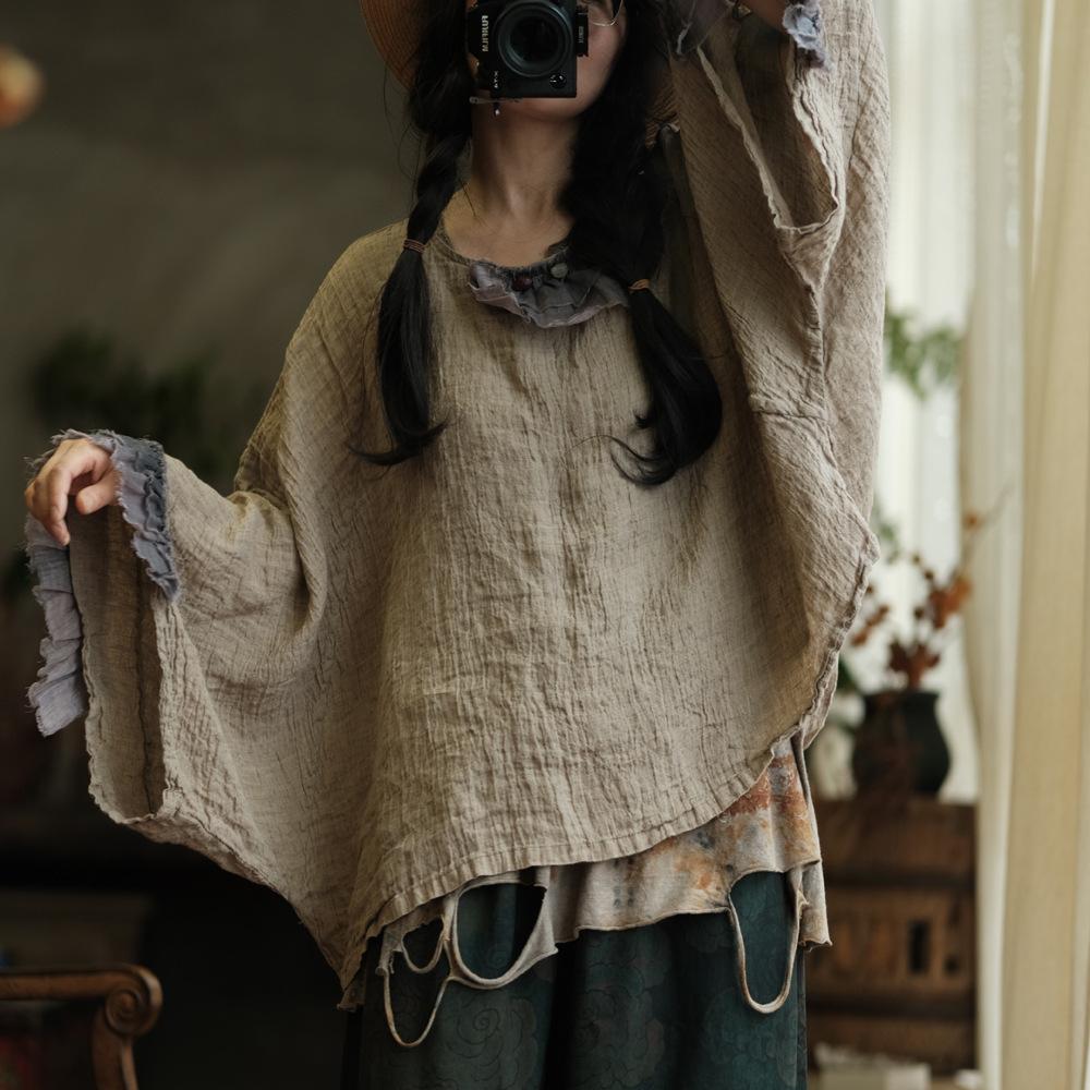 Johnature Vintage Women Patchwork T-Shirts O-Neck Long Sleeve Autumn Loose Chinese Style Female T-Shirts