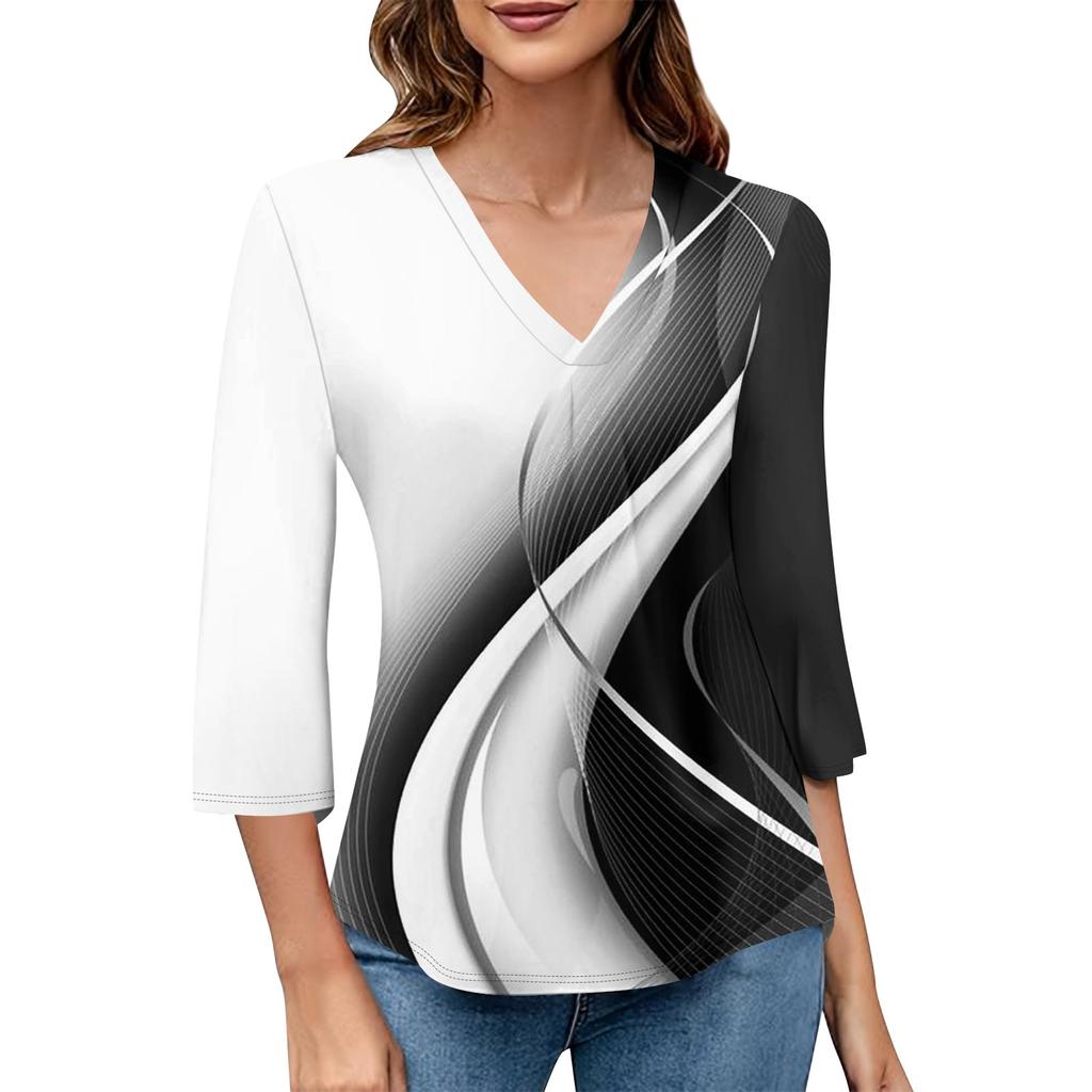 Women's V-neck Gradient Print Three-quarter Sleeve Fashion Top