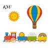 Easy Install Wall Accents 4Pcs Cartoon Train Hot Air Balloon 3D Wooden Decor, Colorful Kids Decorative Wood Shapes Room Hanging, Nursery Educational
