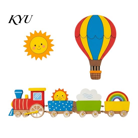 Easy Install Wall Accents 4Pcs Cartoon Train Hot Air Balloon 3D Wooden Decor, Colorful Kids Decorative Wood Shapes Room Hanging, Nursery Educational