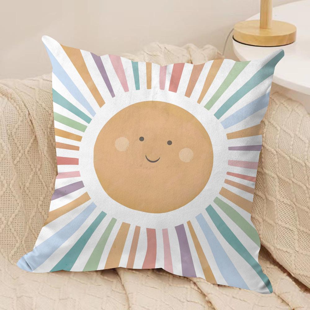 Cartoon Rainbow Sun Cushion Cover Soft Plush Fabric DoubleSided Printed Sofa Cushion Cover for All Seasons Home Decor Gift