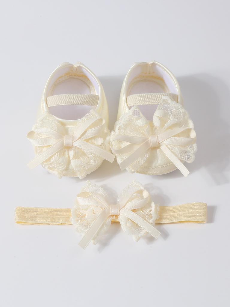 Elegant Lace Pearl Tulle Bow Baby Crib Shoes Matching Stretch Headband Set, Non-Slip Flexible Sole Toddler First Walkers Princess Outfit Accessory