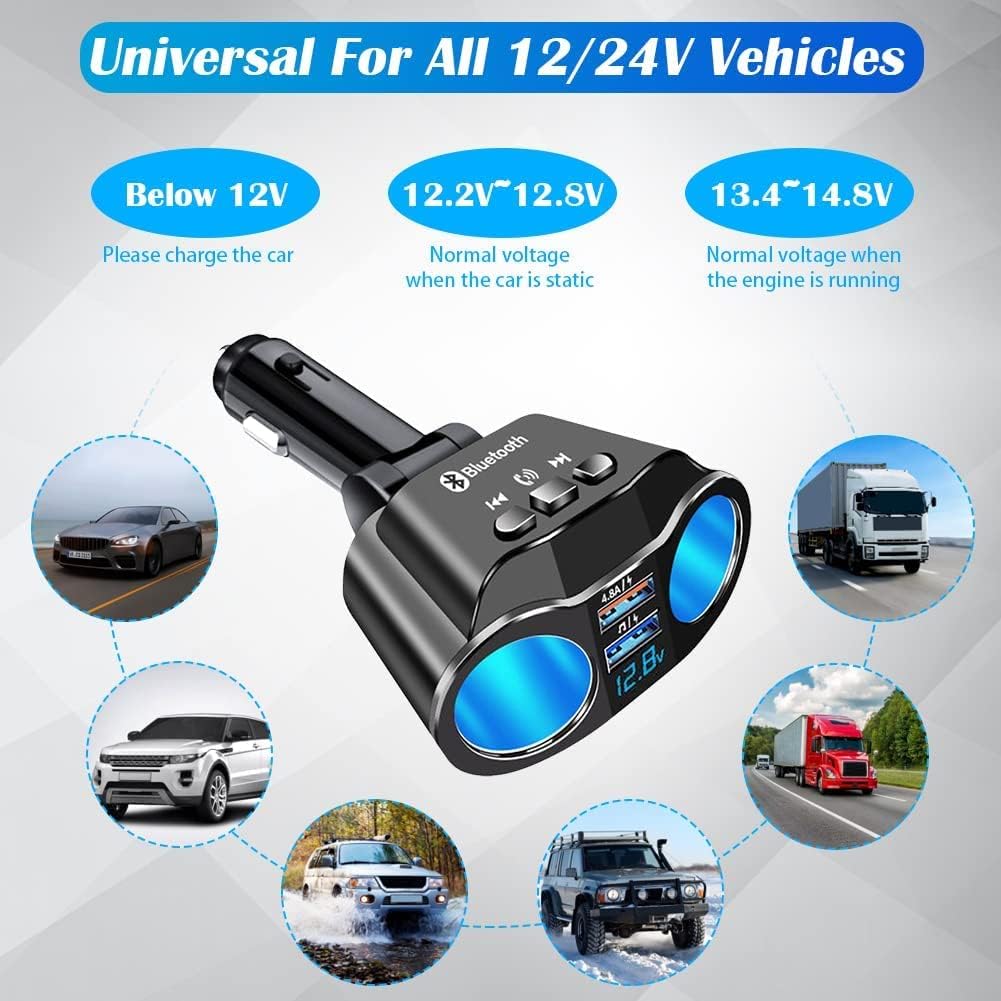 Bluetooth FM Transmitter Car Adapter, 2-Socket USB Charger, Hands-Free, Voice Control with Siri & Google