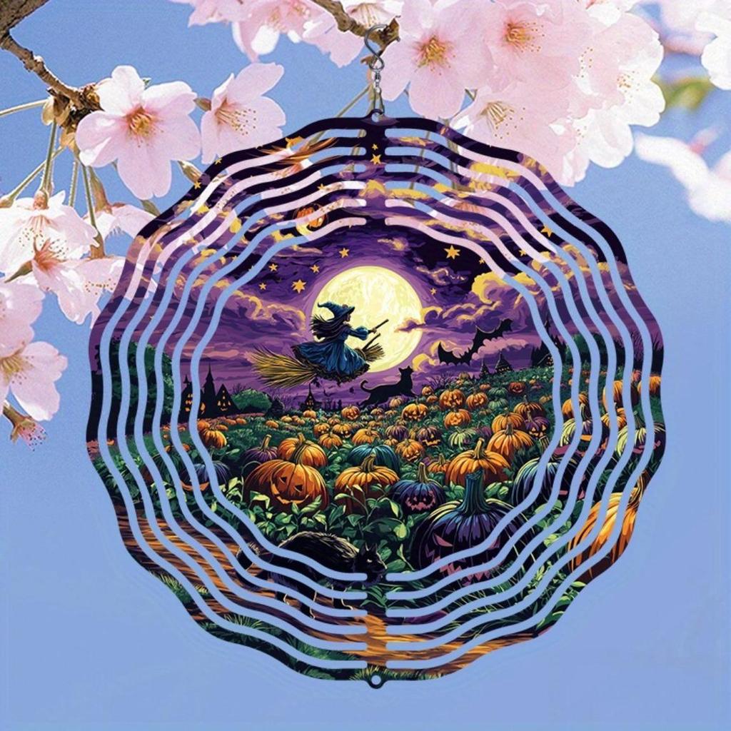 Halloween Metal Wind Chime with Witch Broomstick Pumpkins Moon Design Outdoor Garden Decor for Holiday Christmas Thanksgiving