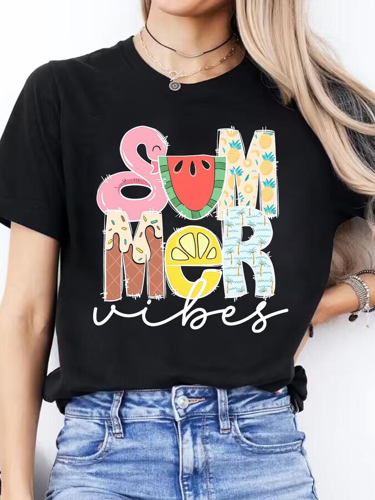 Women'S Round Neck Short Sleeve Sports T-Shirt with Letter Print for Spring and Summer Casual Wear