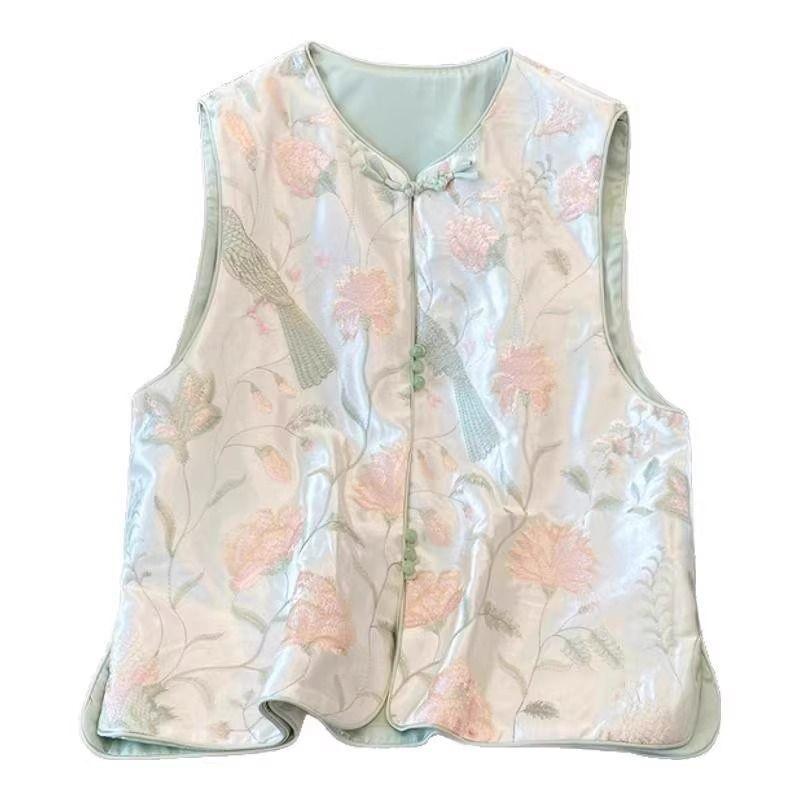 Super good-looking vest disc buckle embroidered vest vest sleeveless top vest female spring