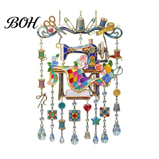Gift for Tailors And Patchwork Lovers Vintage Sewing Machine Crystal Wind Chime, Acrylic Outdoor Hanging Suncatcher, Indoor Ornament Colorful Pendants