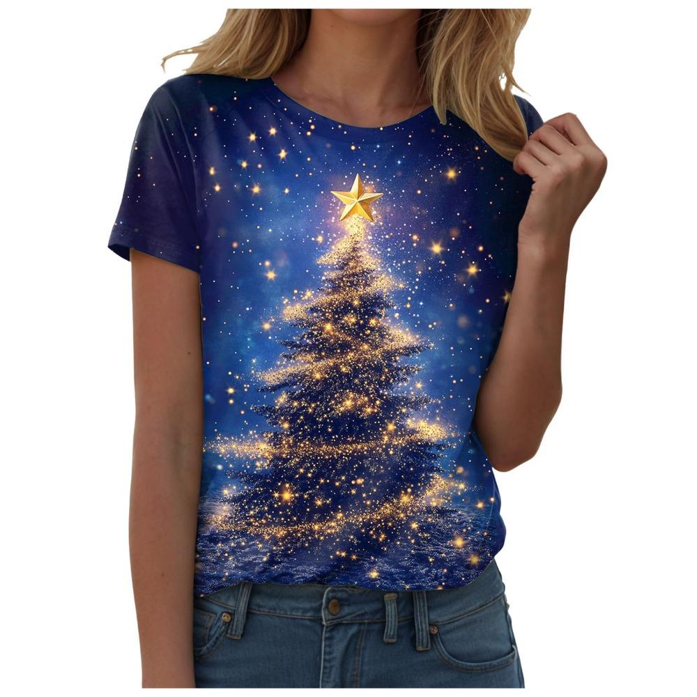 Women's Round Neck Short Sleeved T-shirt, Paired with a Charming Christmas Tree Gift Snowman Print Top