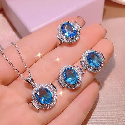 Silver High Quality Light Blue Zircon Ring Earring Necklace Three-Pcs Set For Ladies Wedding Party Birthday Jewelry Gift