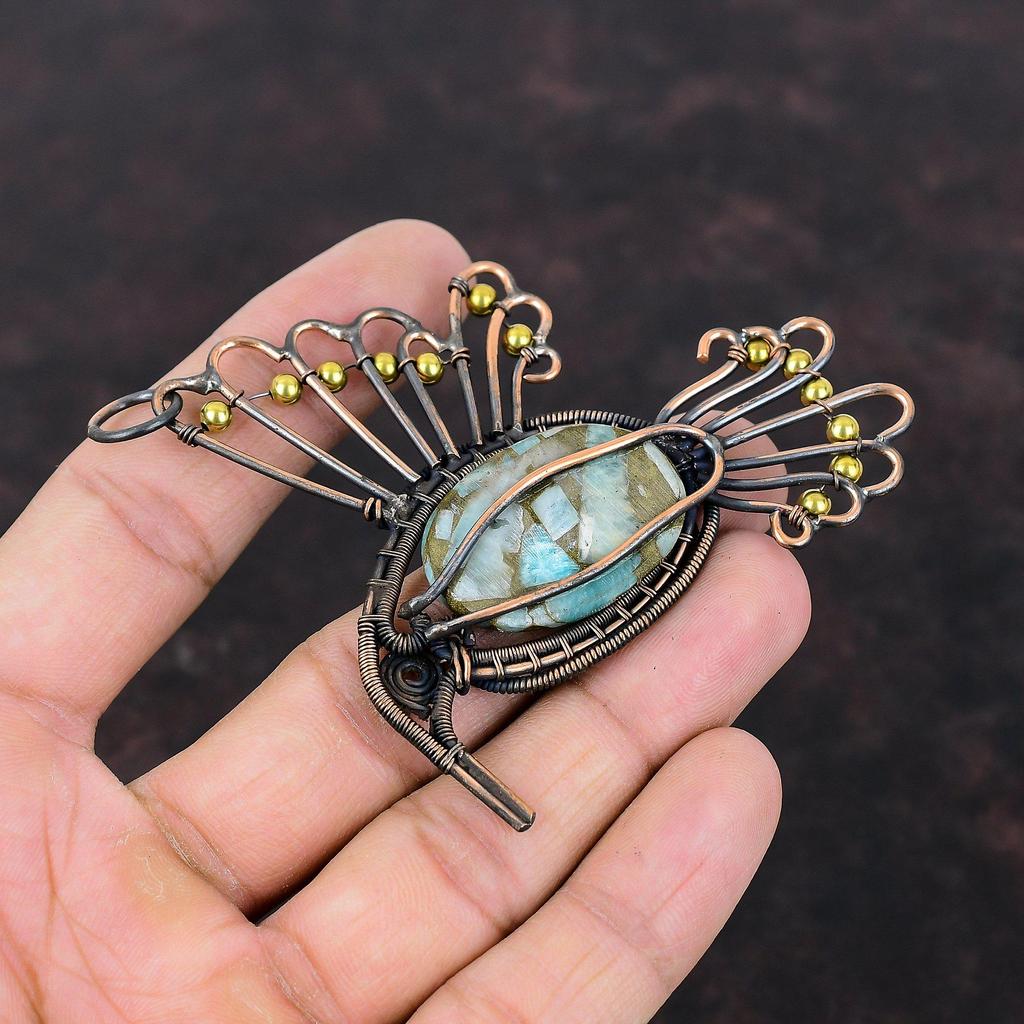 Copper Amazonite Pendant Copper Wire Wrapped Pendant Bird Jewelry Gemstone Pendant Handmade Pendant Copper Wire Wrap Jewelry Wedding Gifts