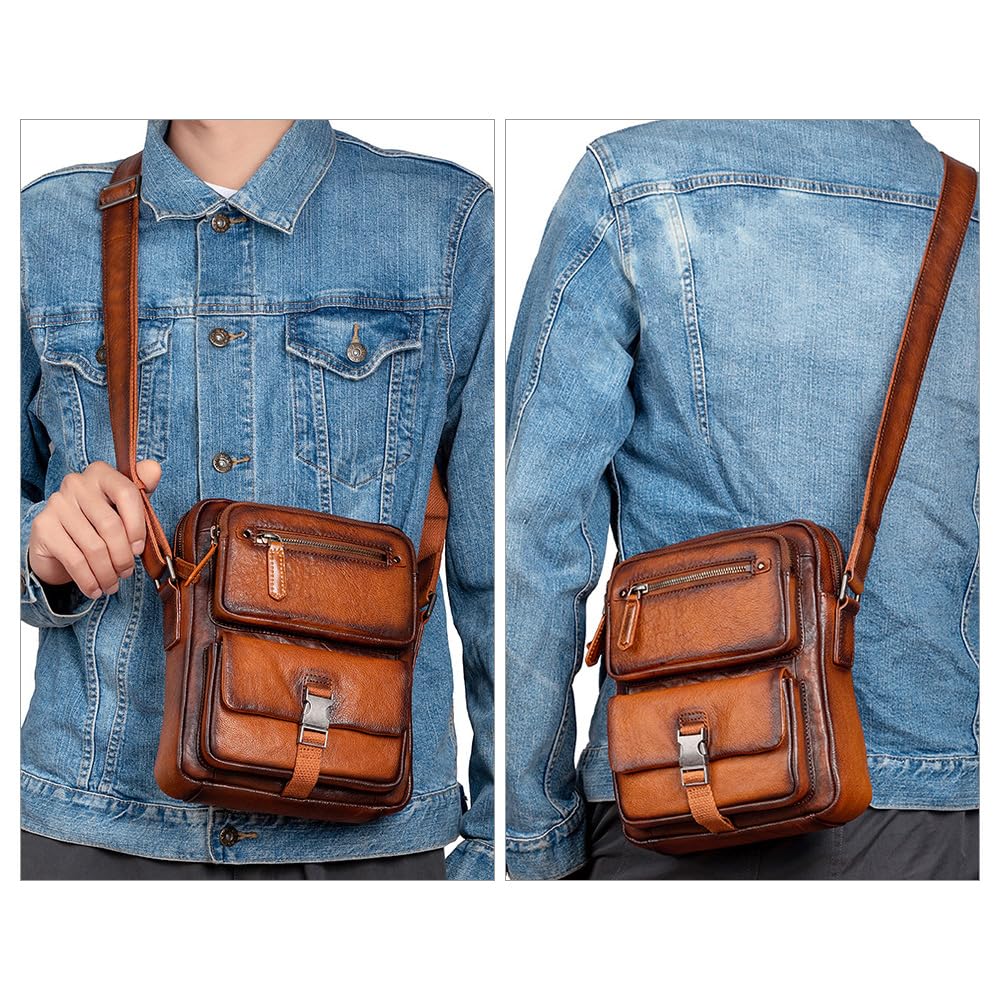 Whatna Antique-Tanned Natural Cowhide Leather One-Shoulder Bag for Men, Crossbody Bag, Shoulder Bag, Handbag, Clutch Bag, Vertical Chest Bag, Genuine