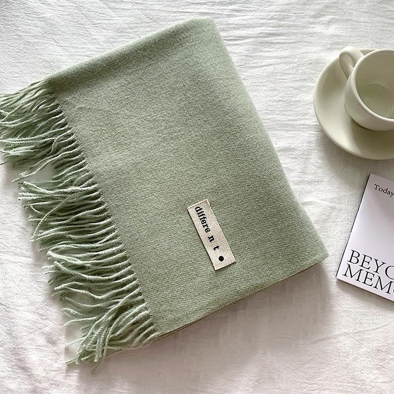 Flowing Fringe, Color-blocked, Simple Design, Faux Cashmere-like Scarf, Winter-thick, Cape-style, Student-friendly, Solid Color.