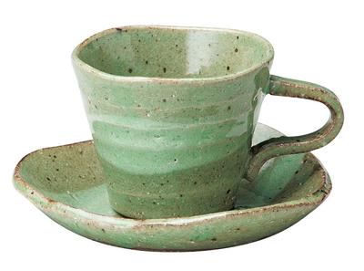 Soho Brennofen Kaffeetasse, Hiwa Nagashi Wellenmuster, Tasse und Untertasse, Grün, Tasse ca.. 9 x 7.3cm (Ca.. 200ml), Untertasse ca.. 14 x 3cm,