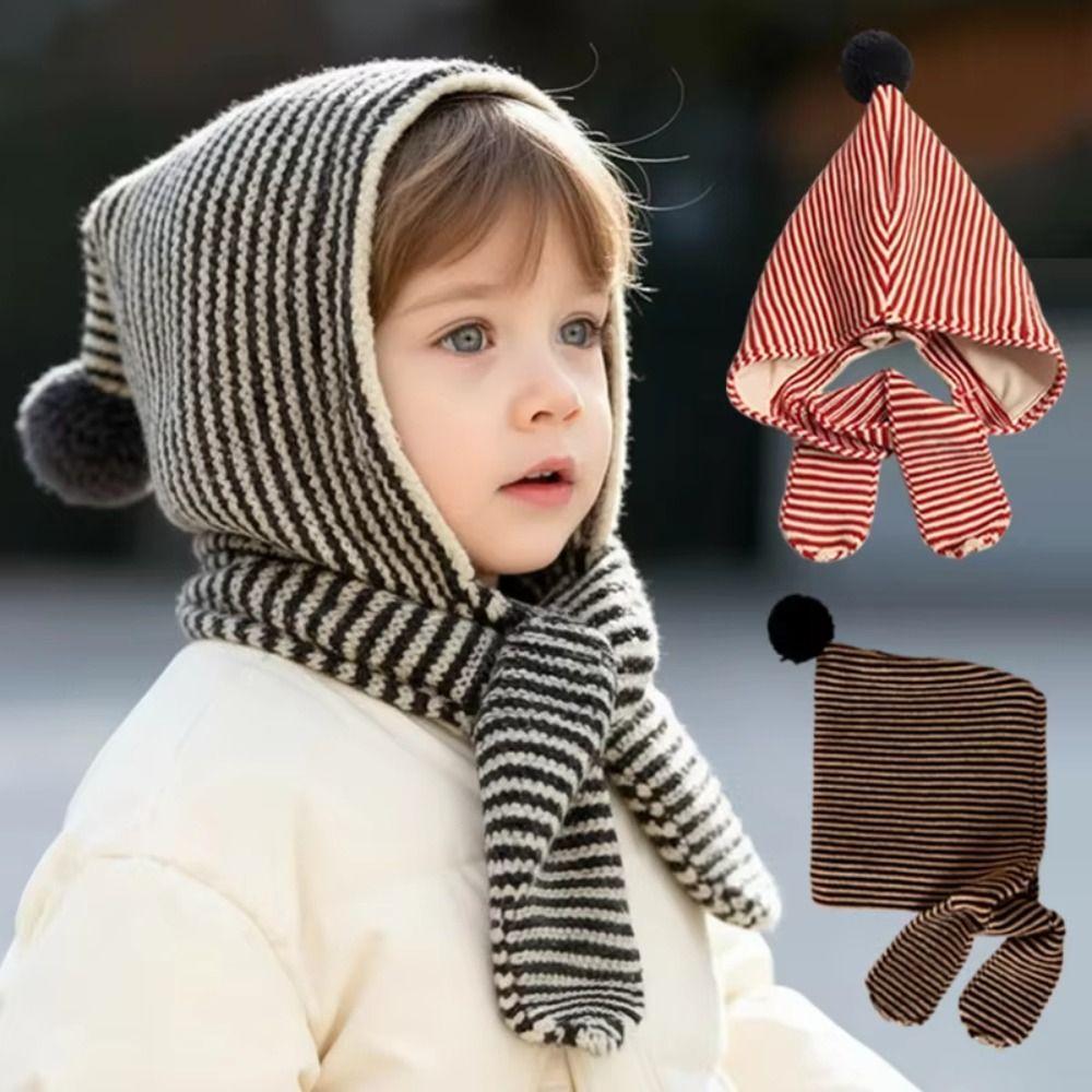 Thick Children's Scarf Hat Striped Design Kids Warm Cap Versatile Knitted Hood Scarf  Unisex Baby