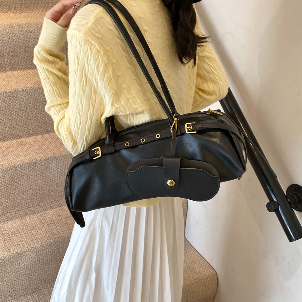 Boston Handbag For Women Solid Shoulder Bag Pu Leather Casual Bowling Bag Retro Commuter Bag