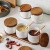 Japanese Style Ceramic Seasoning Jar Set Spice Jar Bottle With Spoon Kitchen Sugar Salt Spices Storage Box with Tray Pepper Jar
