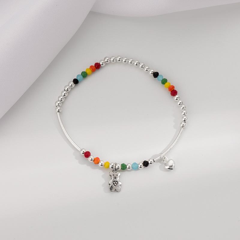 S925 Silver Rainbow Beaded Bracelet for Girls Summer Ins Niche Design Colorful Bear Smiley Hand Jewelry