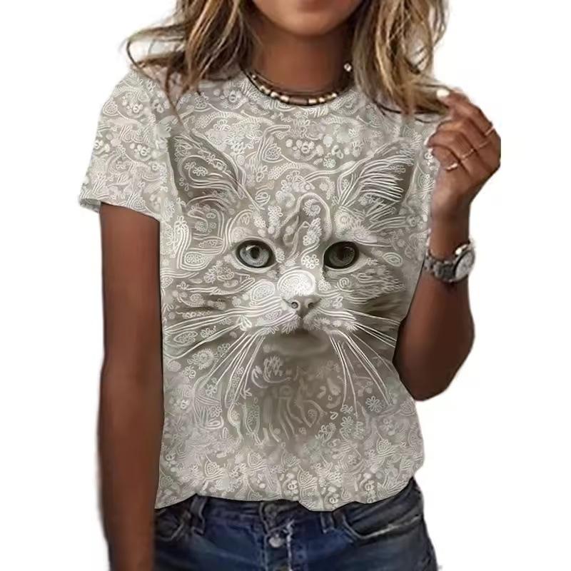 Women's T-shirt 3D Printed Casual Short Sleeved Cute Kitten Pattern Print O-Neck Top Fashionable Street Women's Clothing