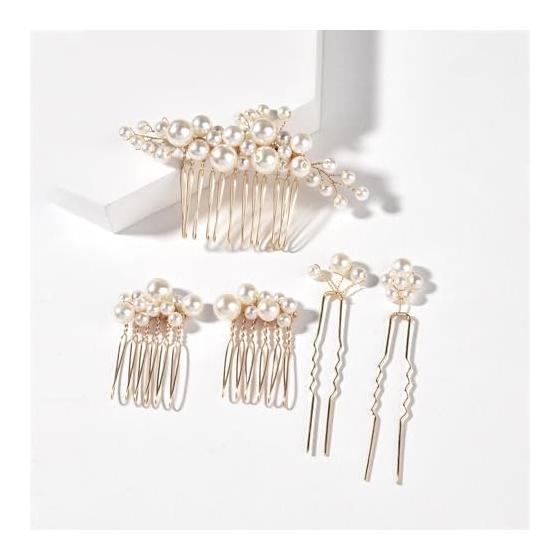 Pearl Hair Pins and Combs Set - Bridal Wedding Hair Accessories for Formal Events, Photography, and Everyday Wear (Gold, 5 Pieces)