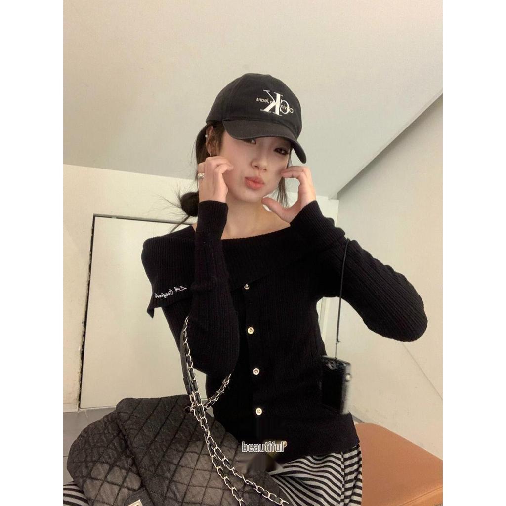 Korean Chic One-Shoulder Long-Sleeve Knit Top - Autumn/Winter Elegant Design for Women