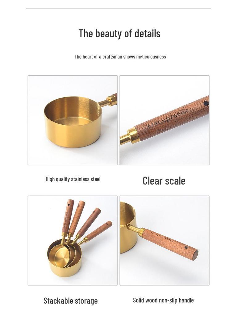 Stainless Steel Gold-Plated Measuring Spoons & Cups with Acacia Wood Handles, Precise Markings, 8-Piece Baking Tool Set.