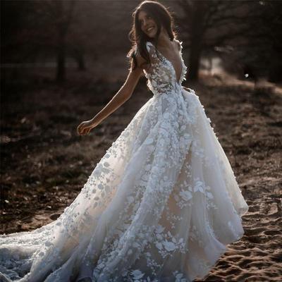 Damen Weiß 3D Blumenspitze Tiefes V Durchsichtiger Tüll A-Linie Hochzeitskleid Frühling Elegant Brautschleppe Maxikleid Formelles Hochzeitsgast Abendparty Kleid