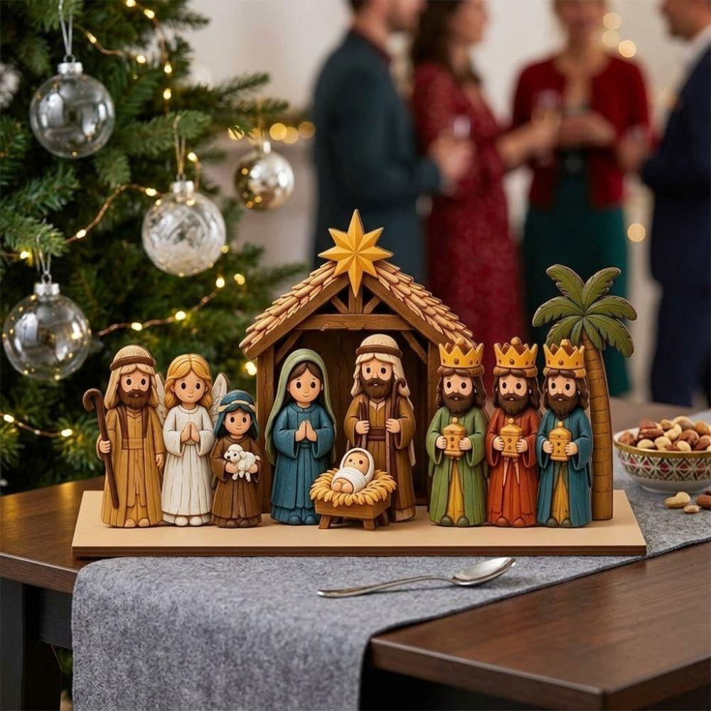 2D Flat Christmas Nativity Wooden Sign Vintage Rustic Xmas Manger Scene Decor Study Decor