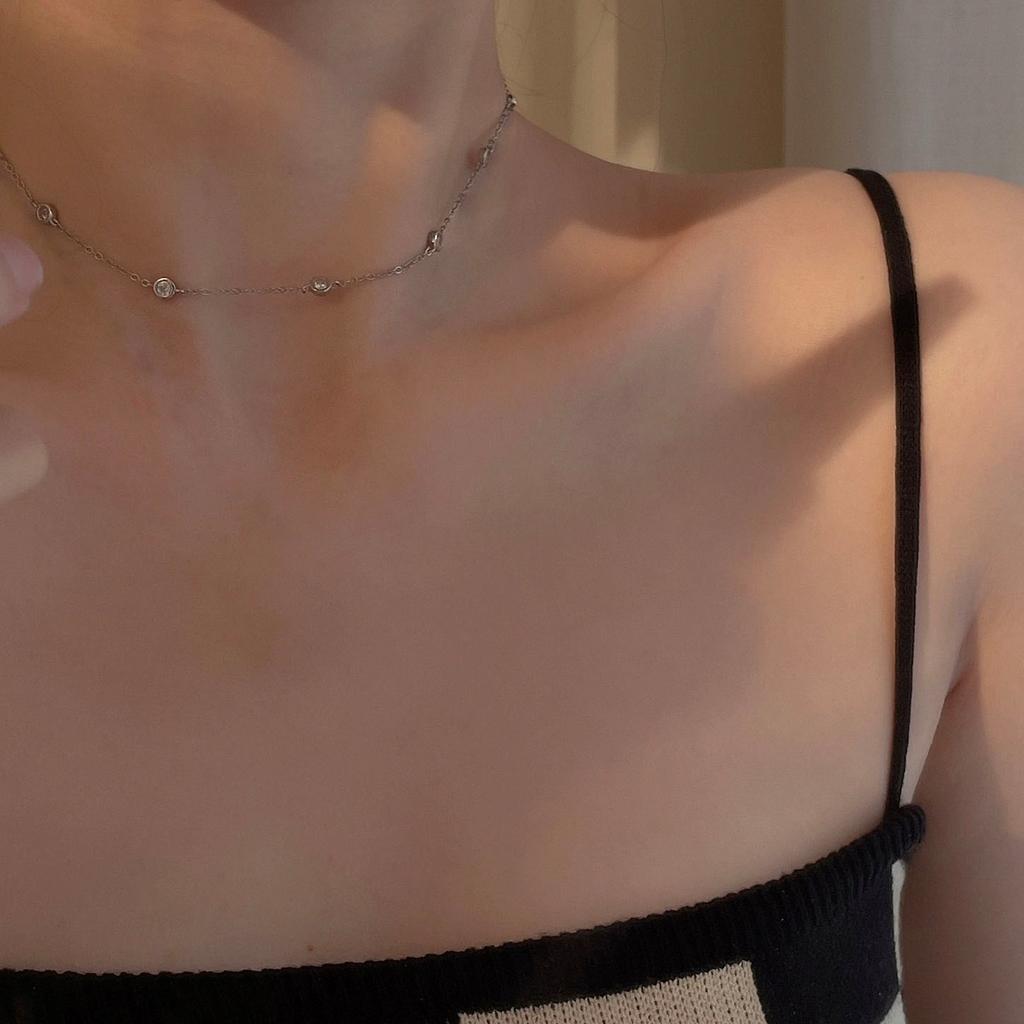 High-End Simple Bead Chain Colored Zircon Necklace Women'S Light Luxury Niche Cold Wind Collarbone Chain Jewelry