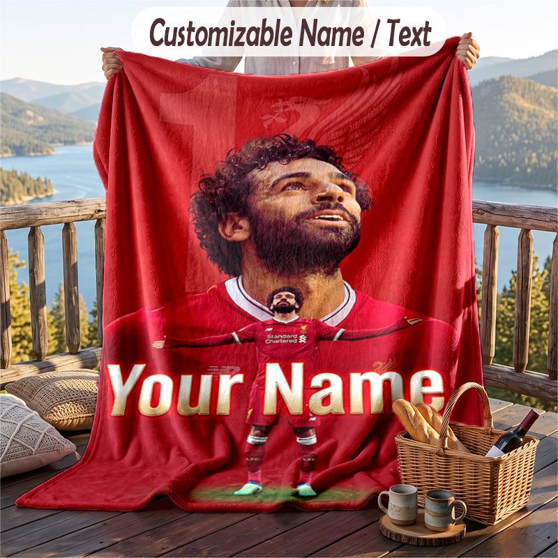 Flannel Blanket Mohamed Salah Print Custom Name Text Soft Throw for Sofa Bed